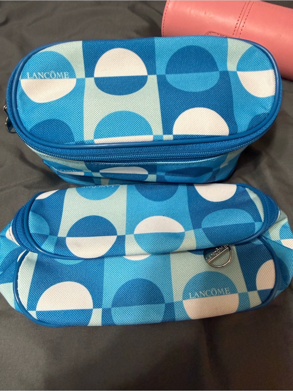 2 Lancôme Blue and White Circular Print Cosmetic Pouches